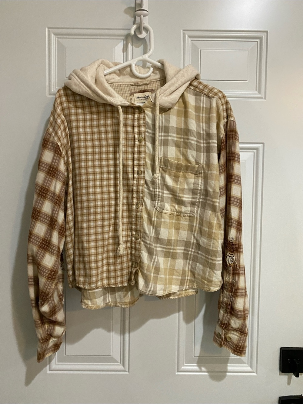 American Eagle Outfitters Neutral Patchwork Plaid Button-Down Shirt with Hood
